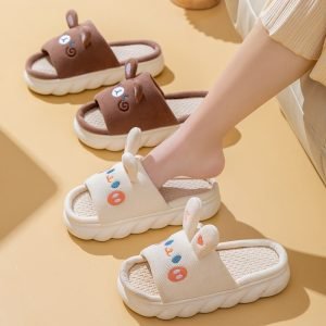 Slippers rabbit design in beige and brown, featuring cute bunny ears and cozy construction. Perfect for women, four seasons use.