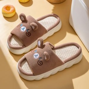 Slippers rabbit design for women, featuring cozy brown bunny ears and cute embroidered face on soft flip-flop slides.